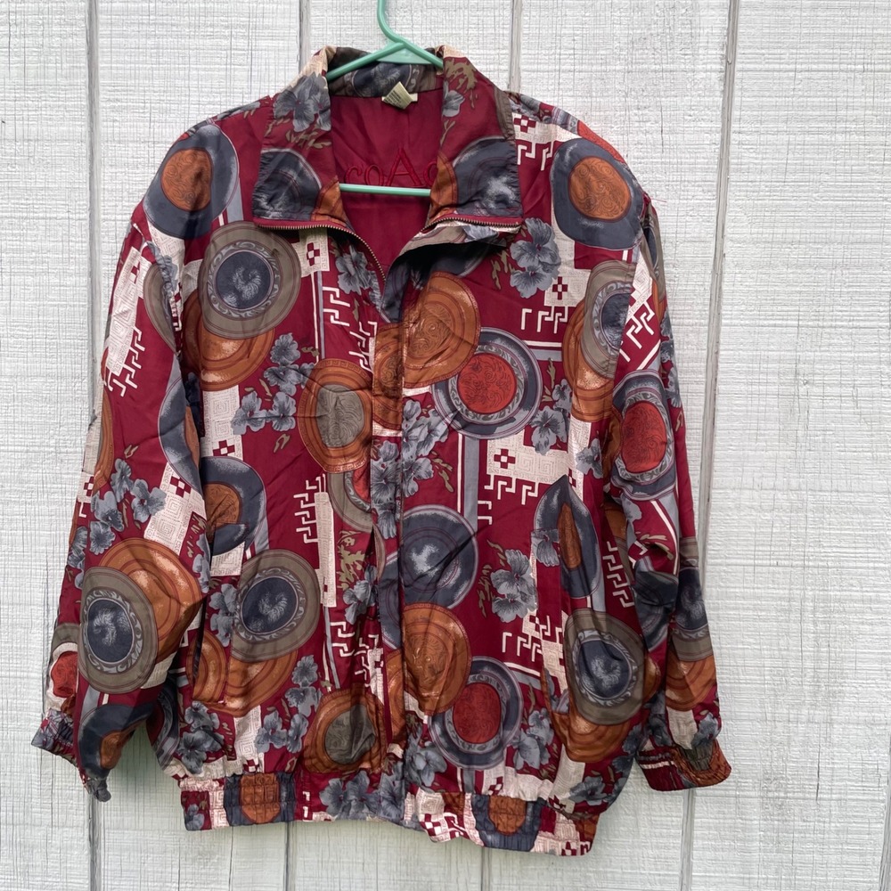COACO Silk Bomber Jacket Abstract Print Vintage Style‎ Lightweight L